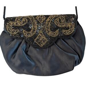 Vintage La Regale Black Gold Beaded Satin Evening Bag Clutch Purse